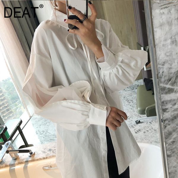 

women white patchwork bow chiffon gauze blouse lapel long sleeve loose fit shirt fashion tide spring autumn 7d0037 210421