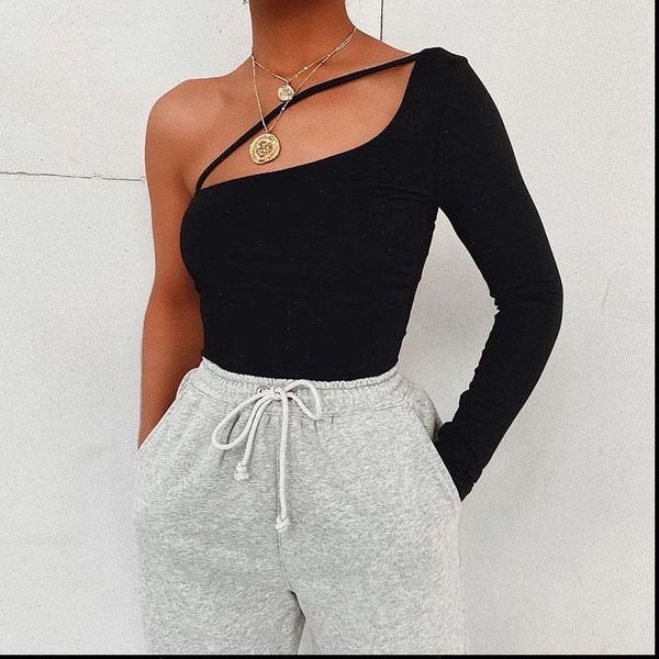 

one shoulder womens romper bodysuit women stap long sleeve skinny ladies black casual summer overalls, Black;white