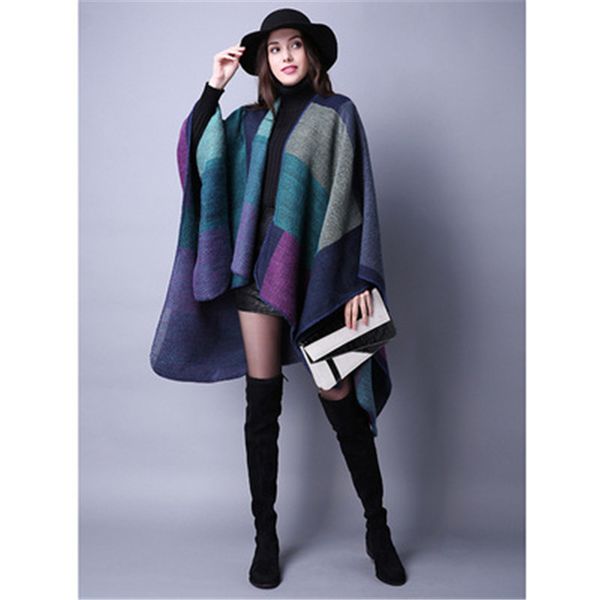 

scarves lattice ladies travel shawl imitation cashmere european and american foreign trade ethnic wind split thickened cloak, Blue;gray
