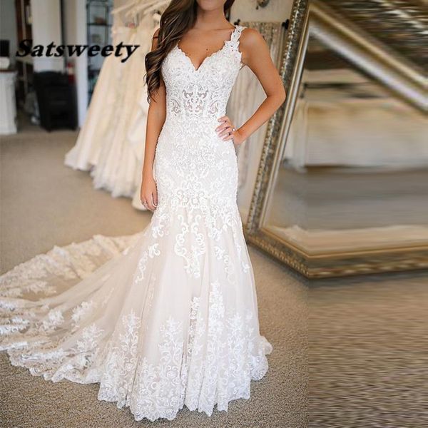 

spaghetti straps v-neck vestido de noiva mermaid wedding dress 2022 court train charming appliques white bridal gowns dresses