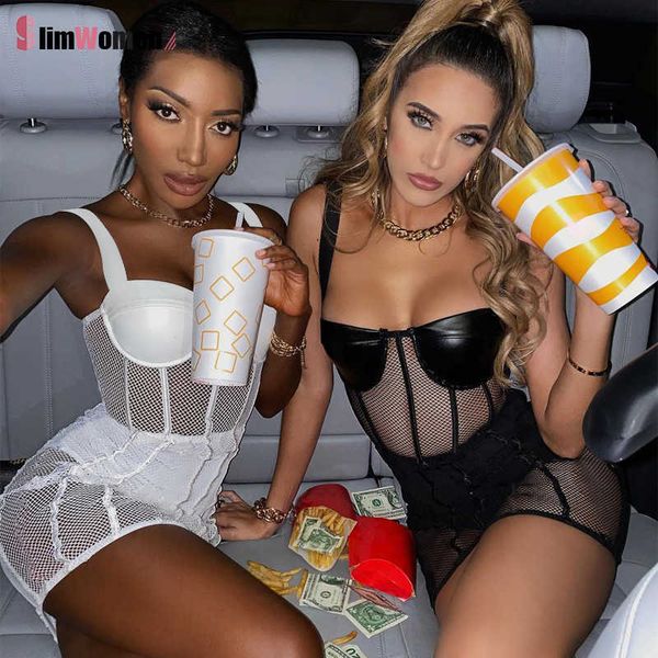 

women strap mini pu dress see through sheer bodycon gothic vestidos birthday club dress for women mesh leather patchwork dresses 210709, Black;gray