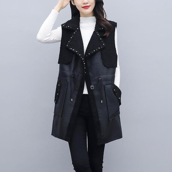

women's vests large size 5xl winter leather waistcoat rivets big pockets turn-down collar one button sheep vest female sleeveless jacke, Black;white