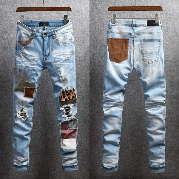 

mens designer ripped motorcycle jeans clothing zipper pants light blue luxury men slim denim straight biker hole hip hop fashion rock reviva