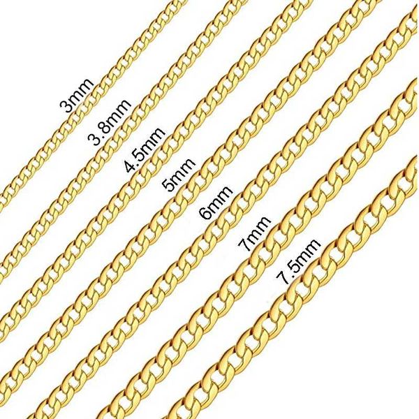 

chains width 3mm-7.5mm chain necklace for men women gold plated stainless steel punk cuban link 7-40 inch drop, Silver