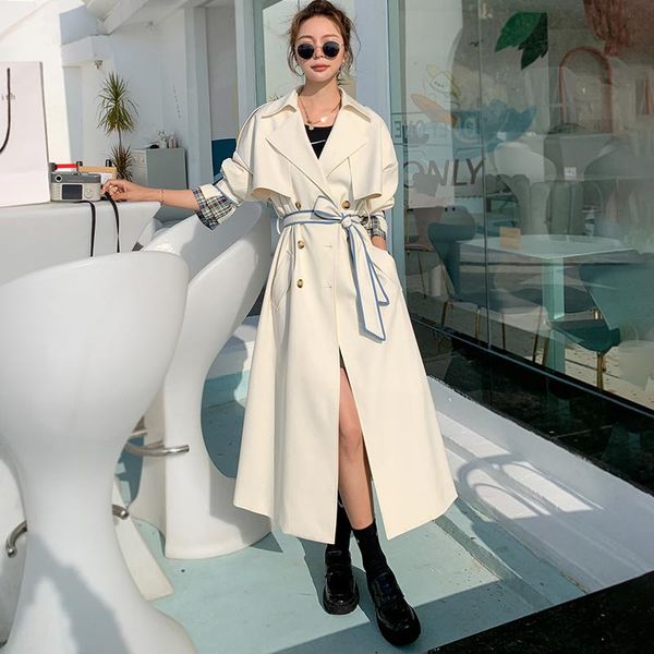 

women's trench coats windbreaker long spring autumn loose jacket 100% cotton big size lapel double breasted ladies cloak coat female, Tan;black