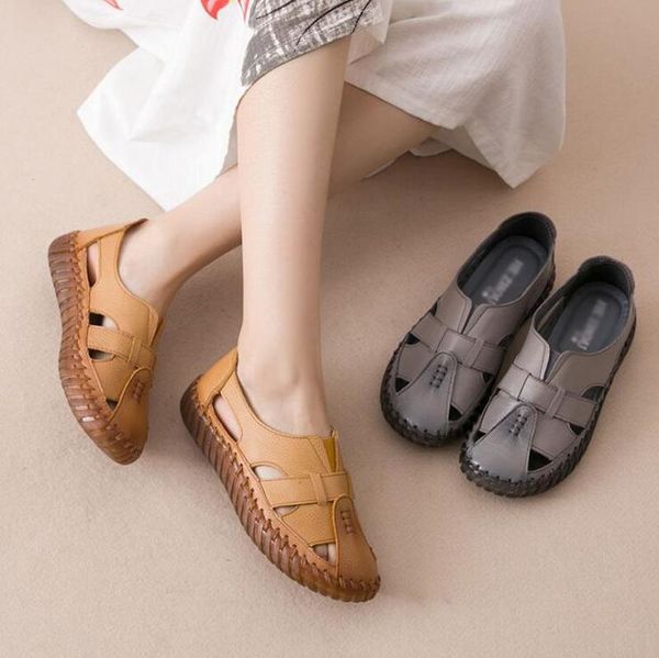 

women's sandals 2021 summer genuine leather handmade ladies shoe women flats retro style mother shoes, Black