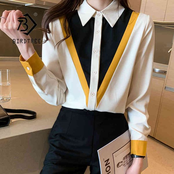 

spring office patchwork turn down collar silk shirt women long sleeve elegant korean style loose casual lady t13401x 210416, White