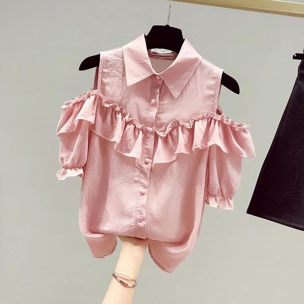 

women's blouses & shirts 2021 turn down collar off shoulder short sleeves ruffles shirt students girls ladies casual, White