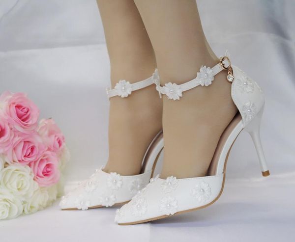 

dress shoes 9cm white wedding woman high heels thin pearls flowers buckles bride sandals lace womens big size 40 42, Black