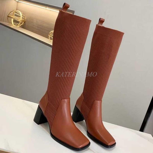 

boots 2022 elegant women knee-high square toe real leather brand designer ladies stylish high heels booties shoes botas, Black