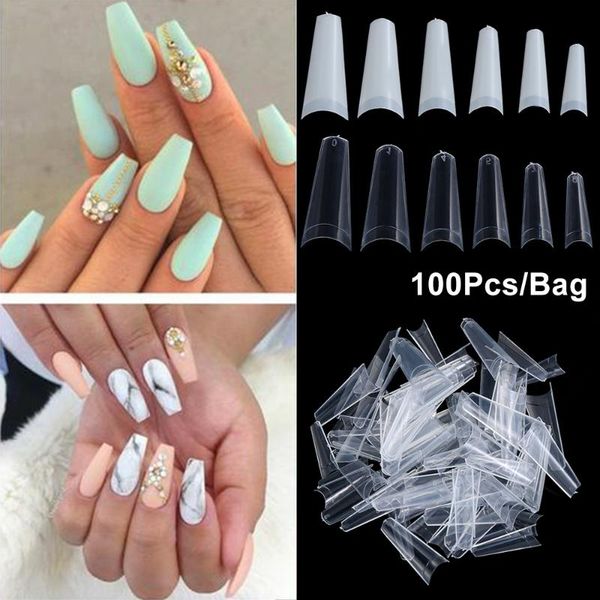 

false nails 100pcs nail tips art acrylic half cover french ballerina coffin manicure uv beauty tools clear/natural, Red;gold