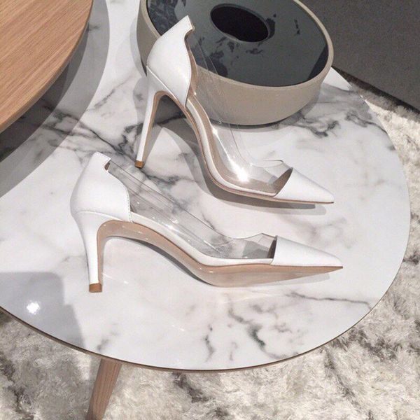 

10cm pvc transparent pointed toe shoes clear stiletto thin heels pump slip on woman wedding high heel designer dress, Black