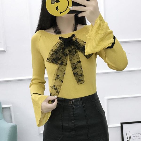 

women's sweaters thin sweater women o-neck lace ribbon halter bow up flare sleeve pullover knitting c92194, White;black