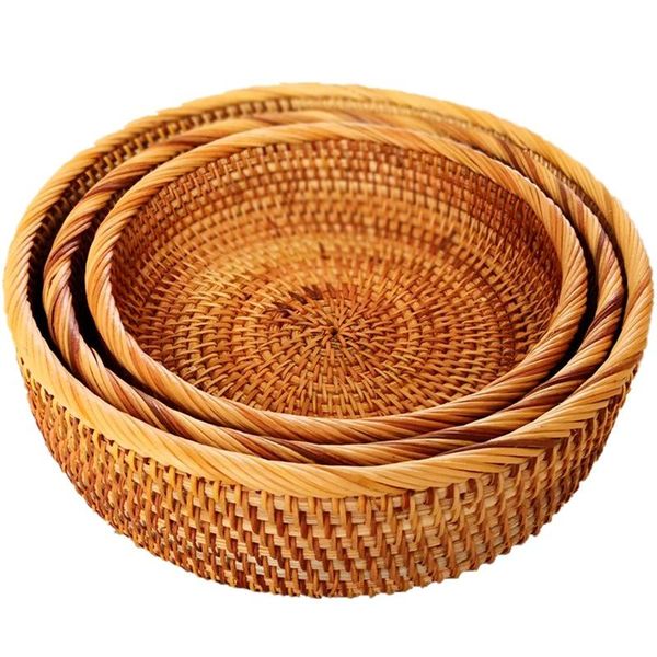 

hadewoven round rattan fruit basket wicker tray weaving storage holder dinning room bowl (3-size kit) baskets
