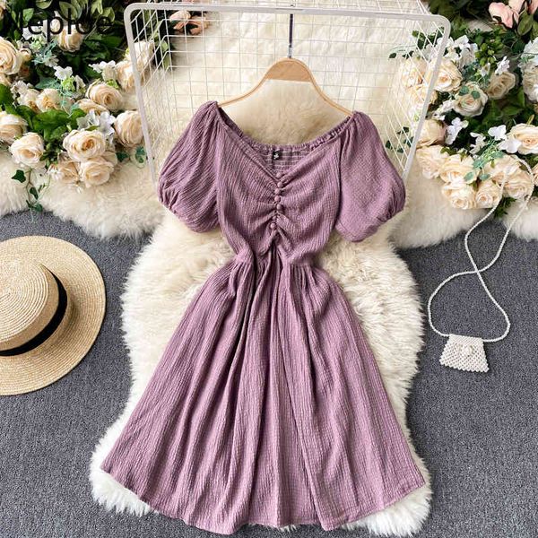 

neploe women dresses korean v-neck puff sleeve a-line vestidos mujer vacation beach button short summer sweet dresses 4h803 210422, Black;gray