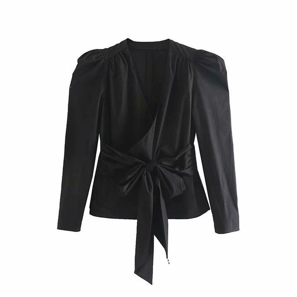 

women's blouses & shirts 2021 women black with bow v-neck vintage puff sleeves elegant lady shirt chic woman femme, White
