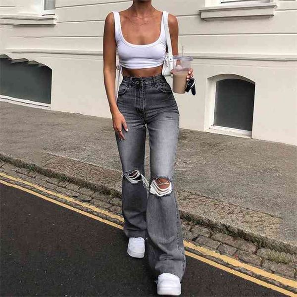 

women streetwear holes ripped jeans trousers hollow out high waist zipper denim blue black wide leg pants
