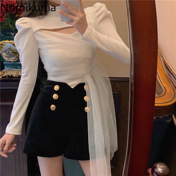 

nomikuma half turtleneck women slim pullover korean mesh bandage sweater spring new hollow-out jumper 6e042 210427, White;black