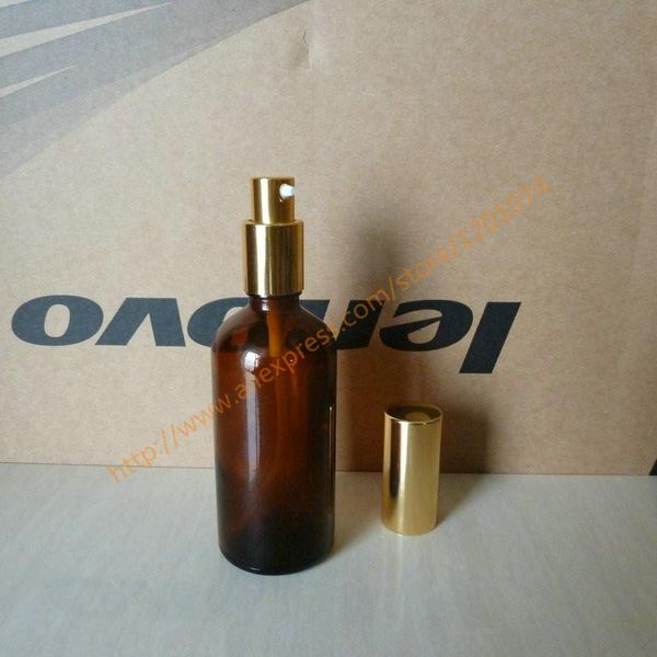 

storage bottles & jars 100ml brown/clear/blue/green shiny glass perfume bottle with aluminum gold pump.for lotion cream and essential oil
