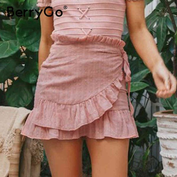 

berrygo ruffled wrap mini short skirts womens elegant flower bow tie summer casual beach wear high waist female 210513, Black