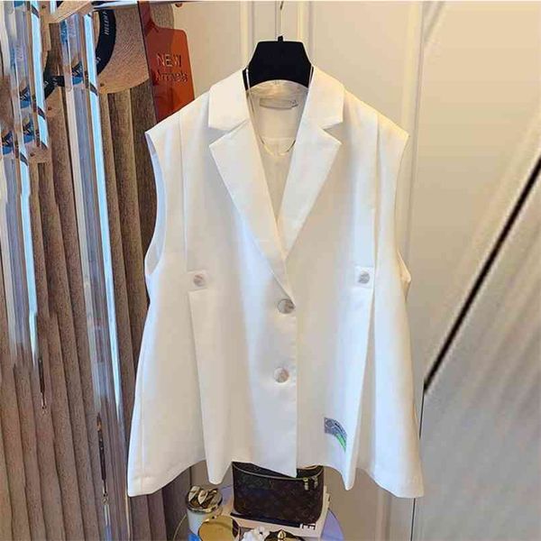 

[ewq] simple fashion trend ladies vest black office ladies clothing summer letter pleated suit collar coats 16w1598 210817, Black;white