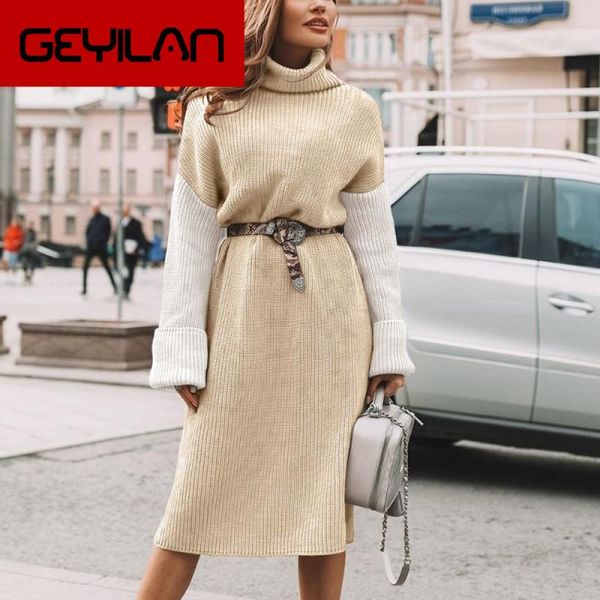 

casual dresses high fashion patchwork women turtle winter 2021 knitwear dress long knitted sweater vestidos, Black;gray