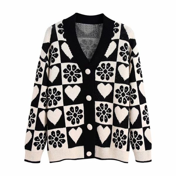 

women's knits & tees women 2021 fashion jacquard loose knit cardigan sweater vintage long sleeve covered buttons female outerwear chic, White
