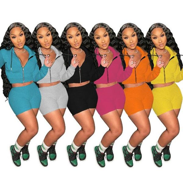 

women's tracksuits autumn 2pcs women sports clothing sets ladies female casual solid color hoodies crop pullovers elastic waist shorts, Gray