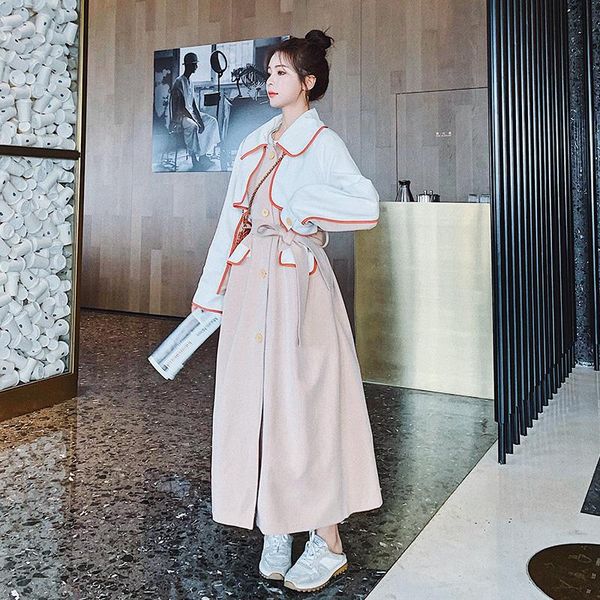 

women's trench coats women korean over knee long windbreaker fashion splice loose casual elegant coat female plus size overcoat spring, Tan;black