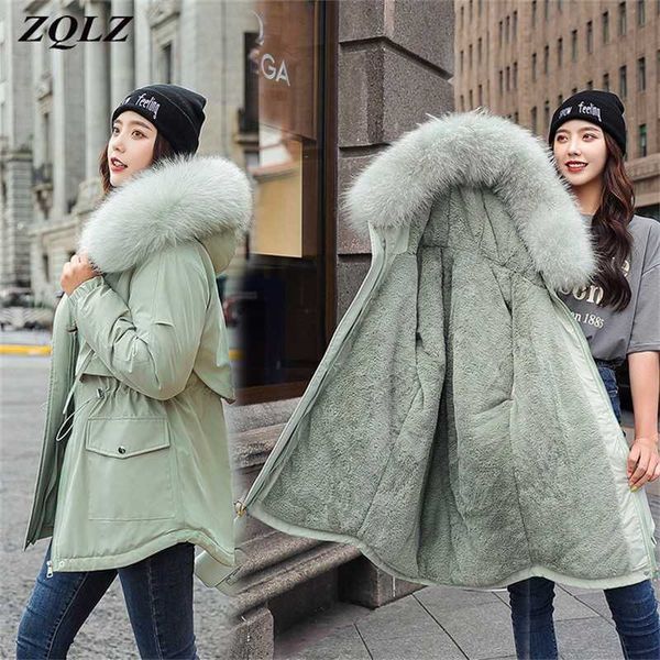 

zqlz plus size hooded fur down cotton coat female warm long parka mujer casual loose black overcoat winter jacket women 210927