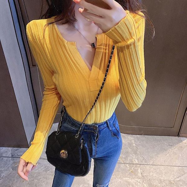 

women's sweaters korean v-neck knitted slim pullover 2021 autumn solid long sleeve basic knitwear fashion women jumpers office lady, White;black