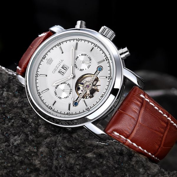 

watch flywheel business leisure men's high grade steel belt automatic mechanical luminous waterproof, Slivery;brown