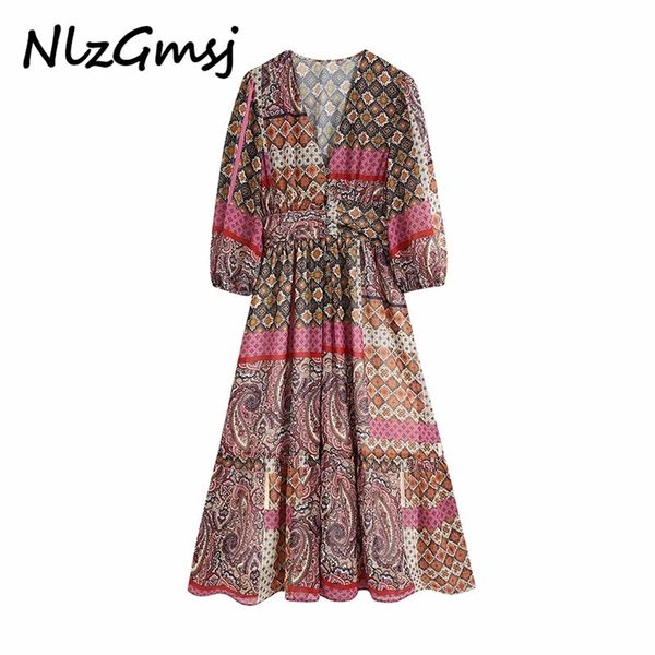 

fashion women paisley print chiffon dress long sleeve vintage ladies maxi 210628, Black;gray