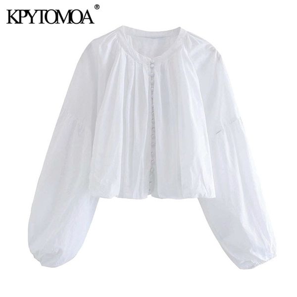 

women fashion with covered buttons cropped blouses vintage o neck lantern sleeve female shirts chic 210421, White