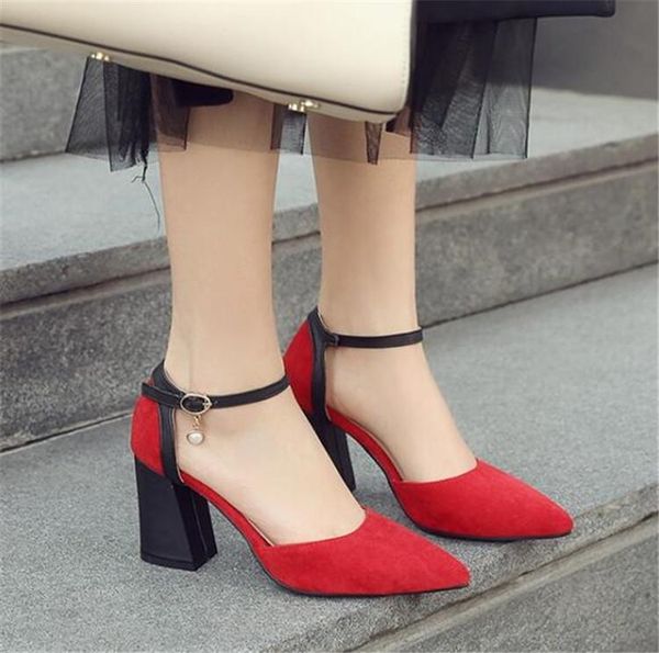 

women sandals 2021 summer chunky block square high heel party office ladies shoes flock plus size 34-43, Black