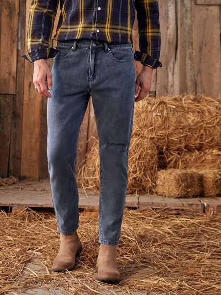 

men ripped slant pocket jeans x34b#, Blue