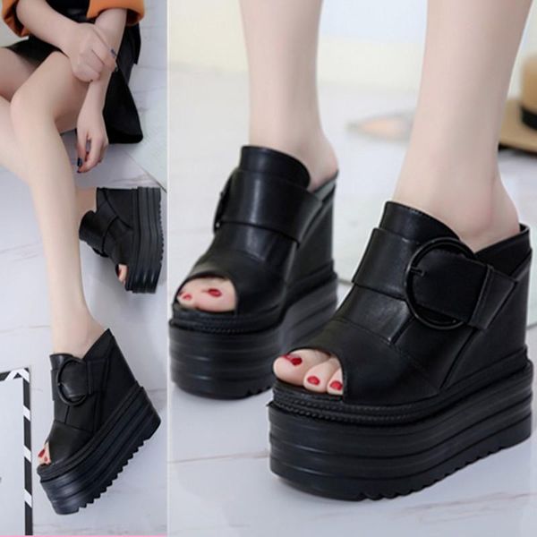 

slippers inner increased slope heel fish mouth shoes summer comfortable and elegant ladies with waterproof platform., Black