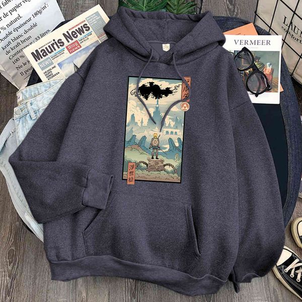 

japane men's animation hoodie, loose long sve pocket, hip hop, punk, retro, comfortable, Black