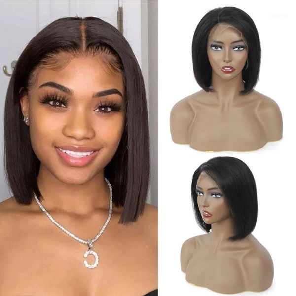 

13x4 lace front human hair wigs 150% density brazilian straight bob frontal wig for women remy short wigs1, Black;brown