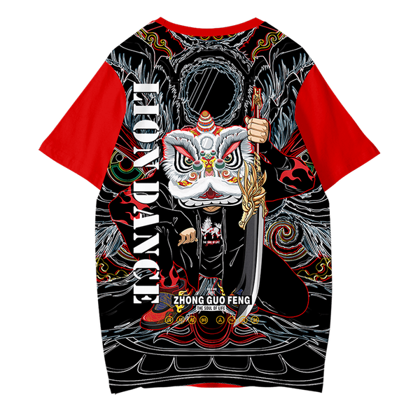 

lion dance pattern men's fashion t-shirt summer loose short-sleeved t-shirt men's casual street style mesh sports t-shirt, White;black