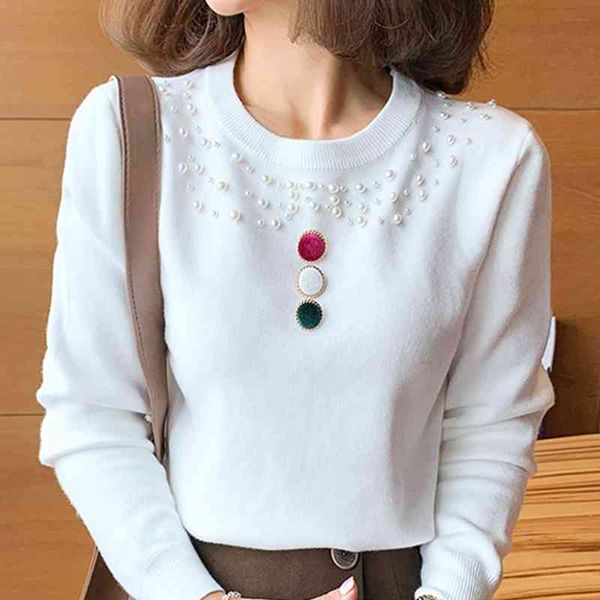 

long sleeve beading o-neck knitted white sweater women pullover woman sweaters winter clothes women sweaters for women d974 210602, White;black