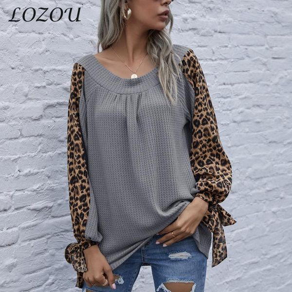 

women's t-shirt 2021 summer color o-neck streetwear casual leopard print long sleeve loose ladies shirt stitching bandage, White