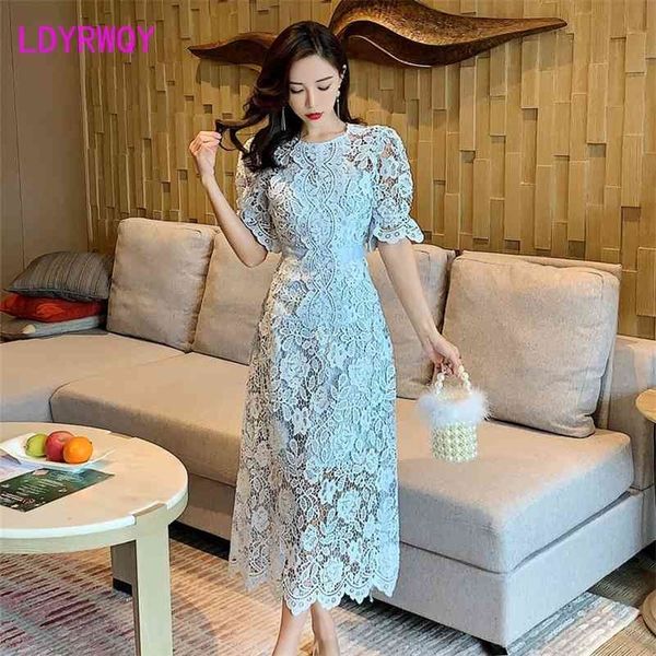 

spring french vintage court wind blue lace backless dress knee-length office lady zippers sheath 210416, Black;gray