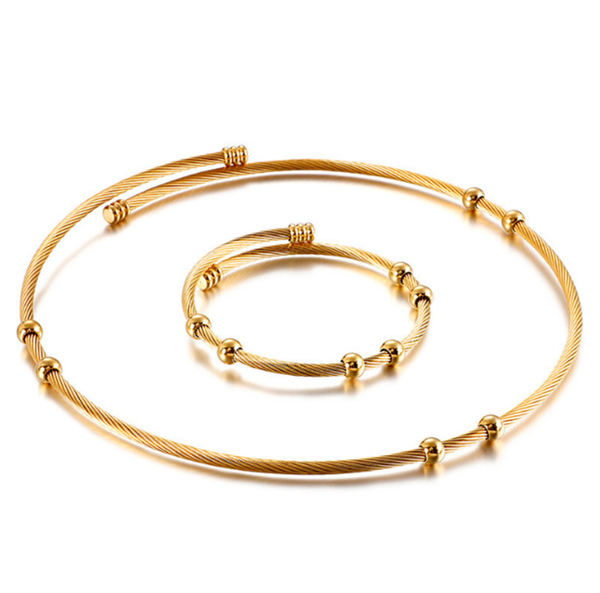 

earrings & necklace 316l stainless steel retro simple wire rope small round bead titanium open neck ring bracelet set, Silver