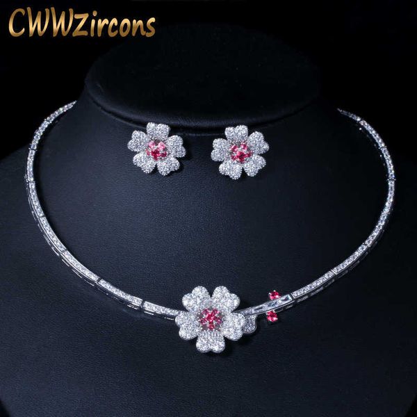 

cz crystal red rose flower women choker necklace and earrings bridal jewelry set for wedding dress accessories t211 210714, Silver