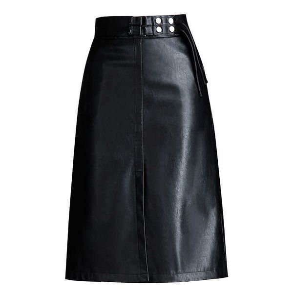 

pu leather skirts faldas autumn winter high waist slim midi long skirt mujer moda jupe femme longue 210601, Black