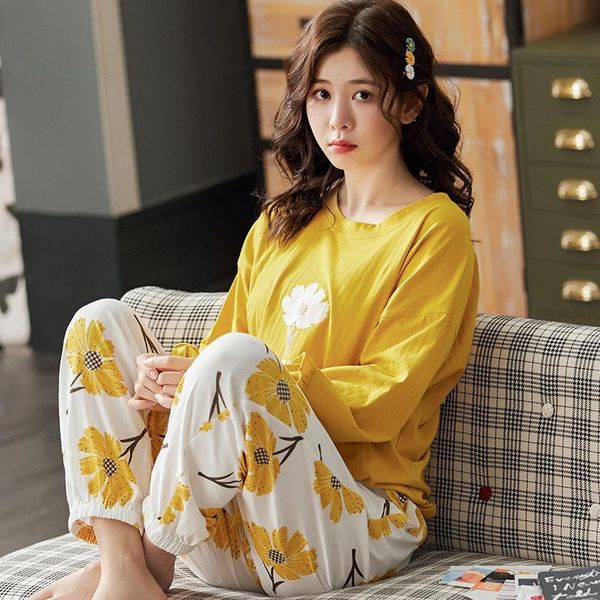 

womens sleepwears spring and autumn long sleeved trousers floral print loose plus size 2 piece pajama set chemise de nuit, Black;red