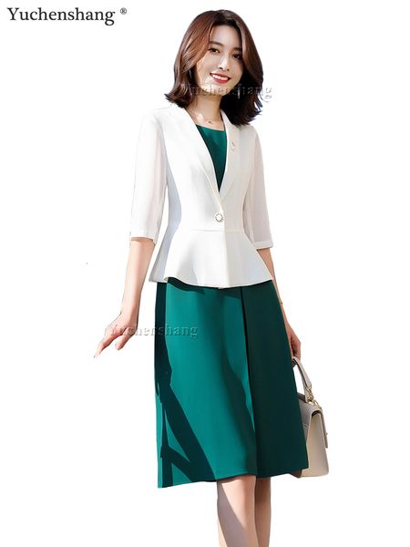 

casual dresses elegant skirt suit women two piece set female half sleeve white black red blazer with for office lady business work wear grse, Black;gray