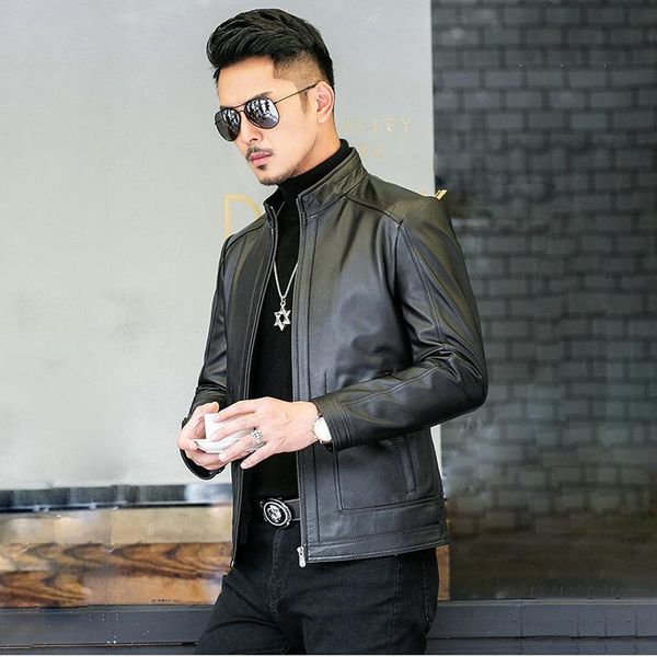 

collar leather baseball jacket men short coat autumn fashion men's & faux, Black