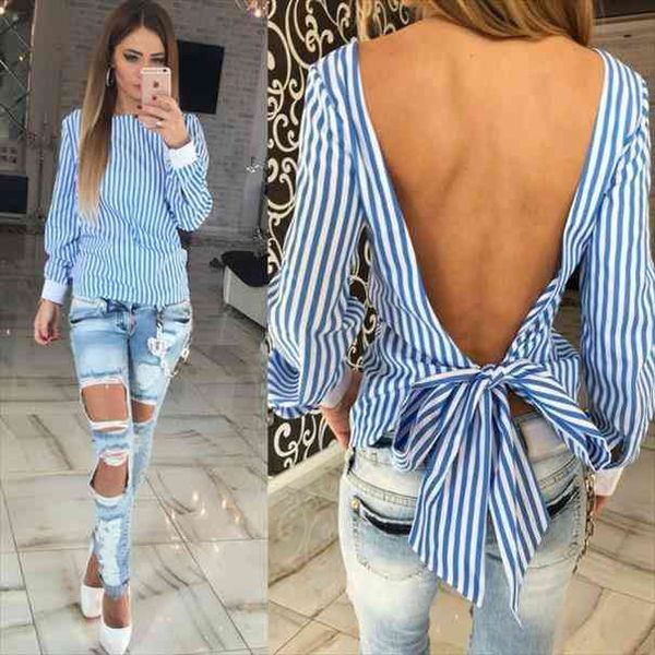 

spring autumn bow women shirt back open striped long sleeve pink gray, White